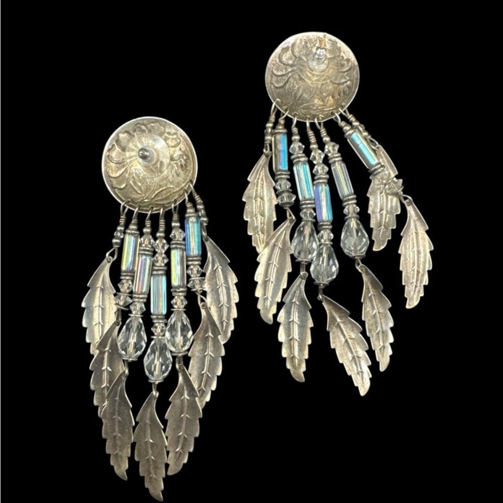 Vintage Sterling Silver Signed Tabra Rainbow Crystal Dangle Feather Earrings 4” - Picture 3 of 5